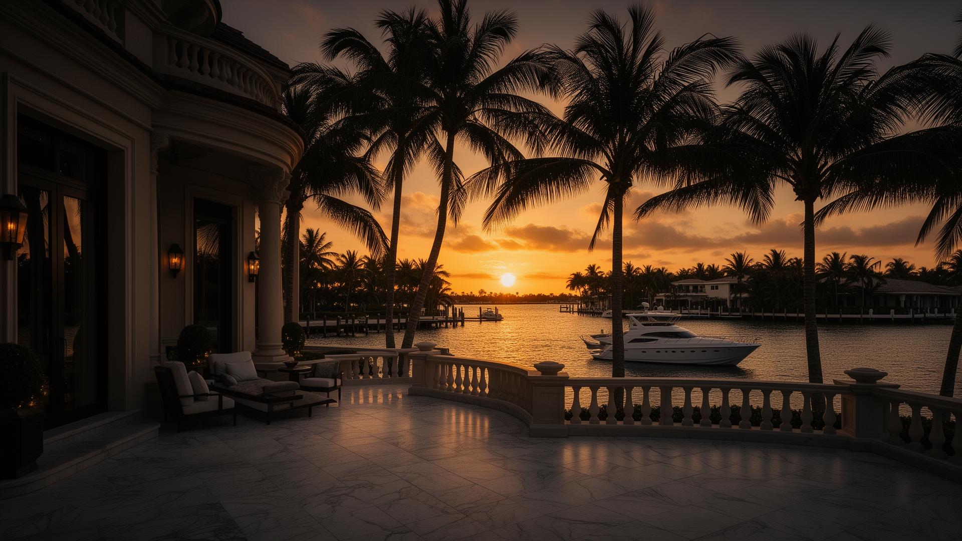 Palm Beach waterfront estate at sunset